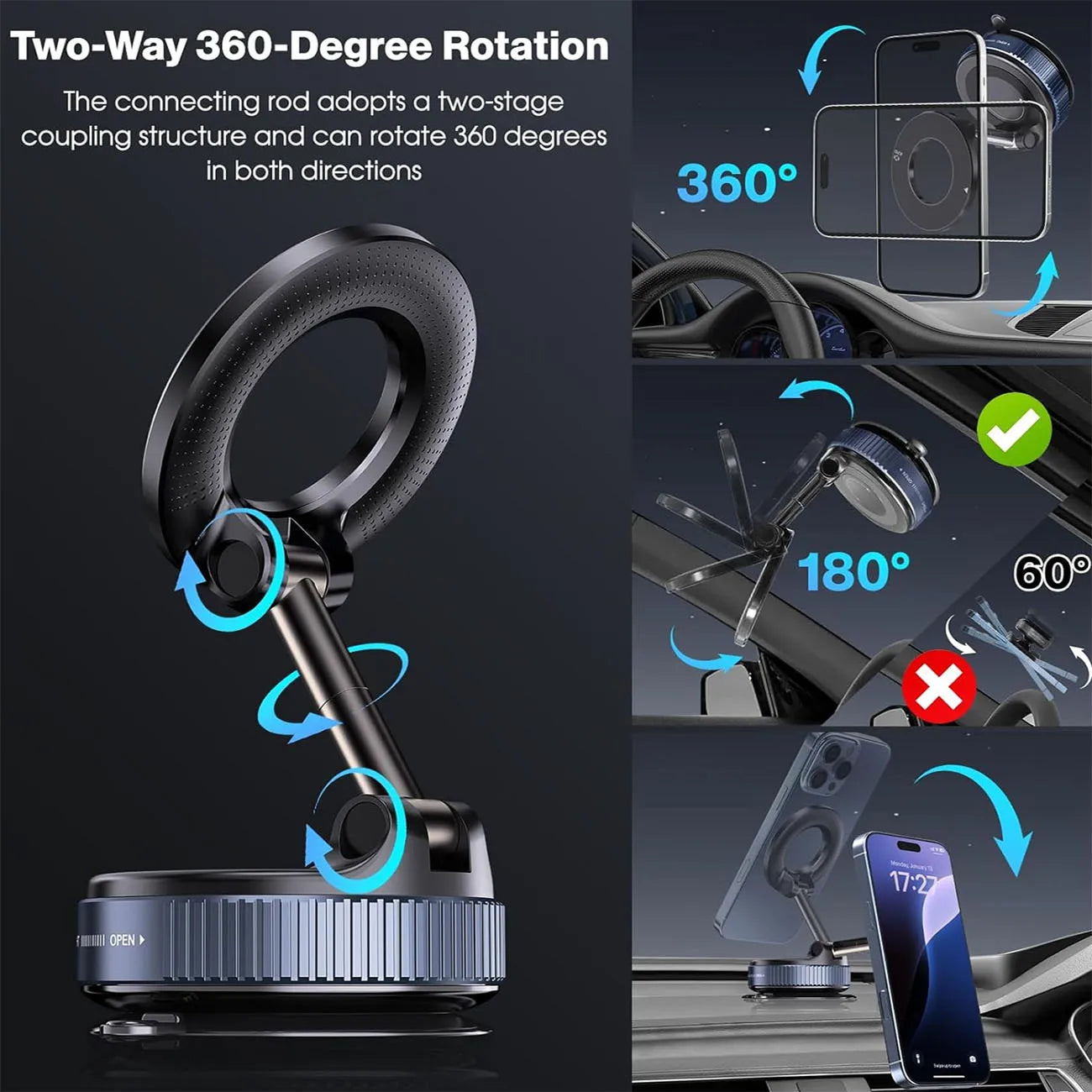 Magnetic Suction Cup Phone Mount for Magsafe 360° Adjustable Magnetic Car Phone Holder Pocket Size Foldable Car Mount
