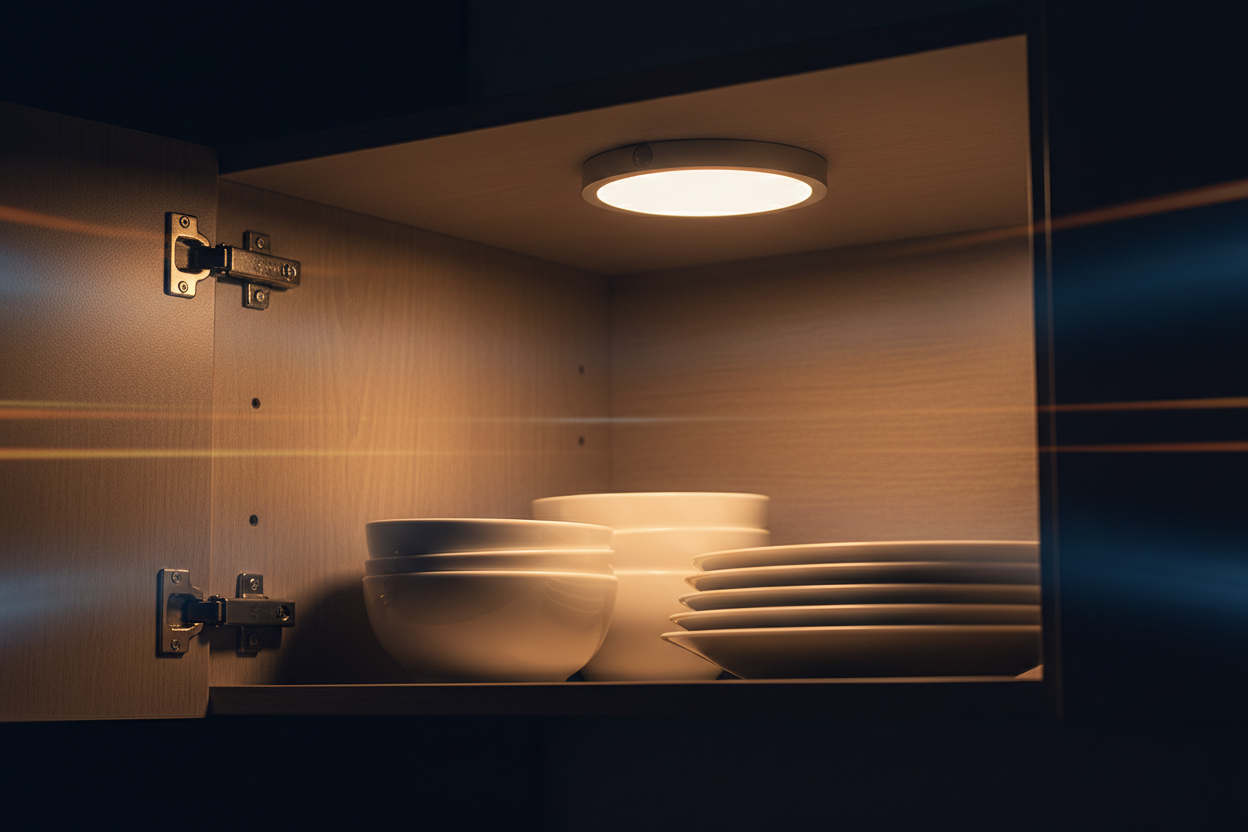 USB rechargeable motion sensor LED puck light glowing under a kitchen cabinet